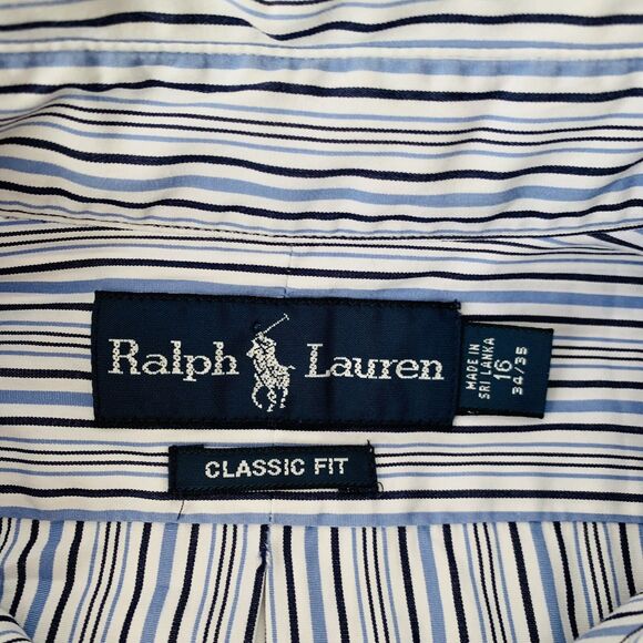 Ralph Lauren Shirt Mens 16 34/35 Classic Fit Blue White Striped Button Up Pony - Picture 4 of 8